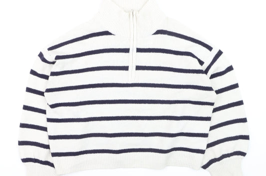 French Connection Women's White Striped 1/2 Zip High Neck Jumper Size L