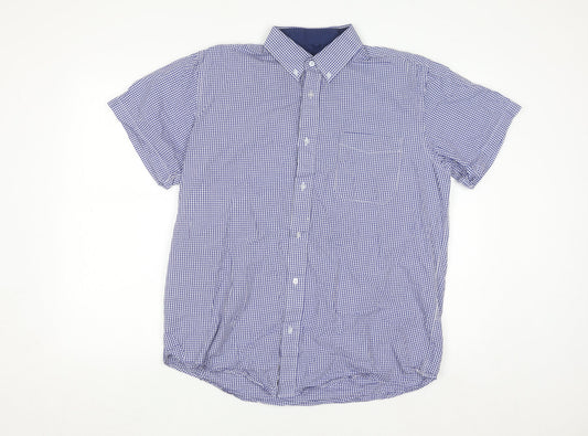 J&J Men's Blue Check Button-Down Short Sleeve Cotton Shirt L