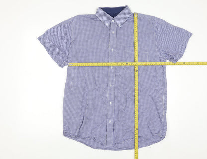 J&J Men's Blue Check Button-Down Short Sleeve Cotton Shirt L