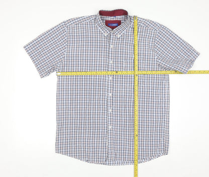 LANGZI Men Blue Check Button-Down Short Sleeve Cotton Shirt XL