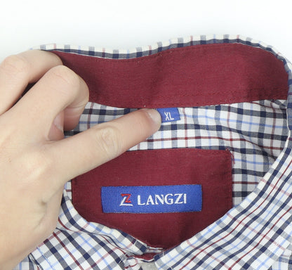 LANGZI Men Blue Check Button-Down Short Sleeve Cotton Shirt XL