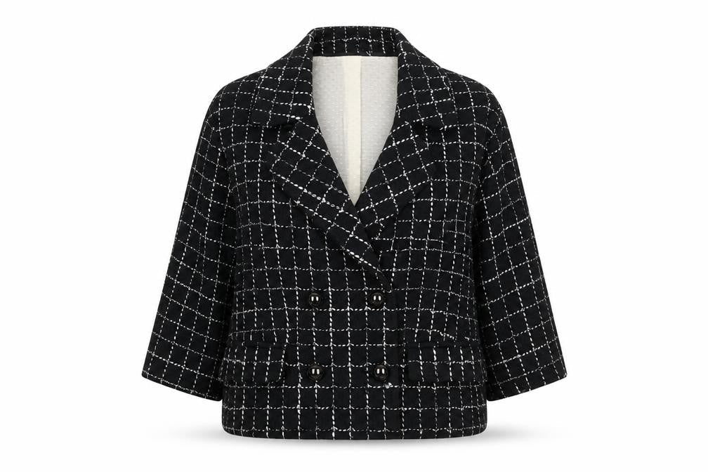 Jesire Women's Black Check Wool Blend Cropped Blazer Size 8