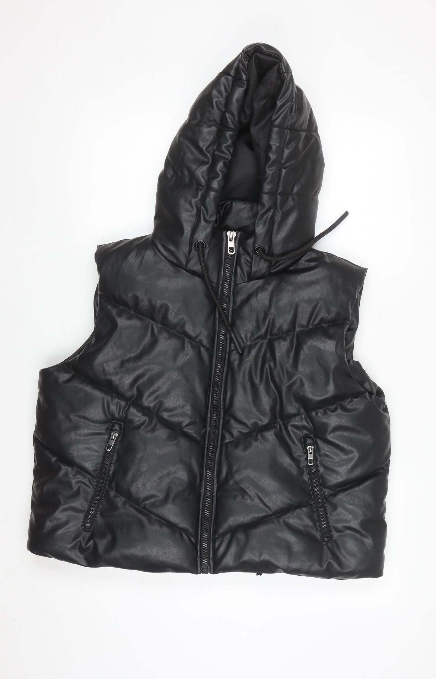 ZARA Women's Black Faux Leather Puffer Hooded Waistcoat Size S