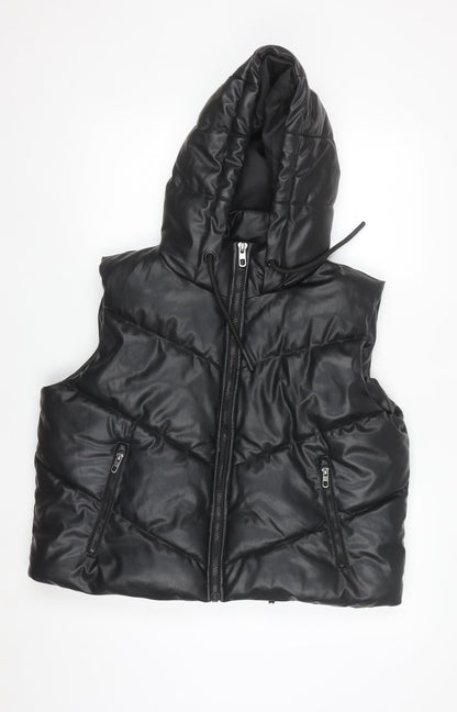 ZARA Women's Black Faux Leather Puffer Hooded Waistcoat Size S