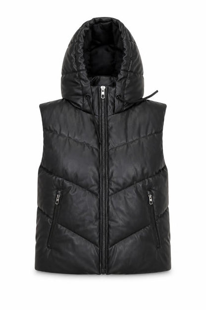 Zara Women's Black Faux Leather Puffer Hooded Waistcoat Size S