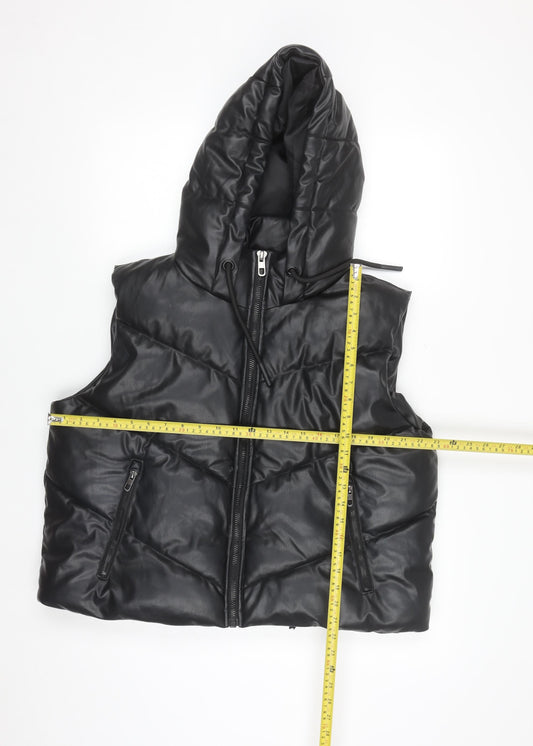 ZARA Women's Black Faux Leather Puffer Hooded Waistcoat Size S
