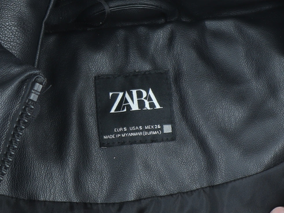 ZARA Women's Black Faux Leather Puffer Hooded Waistcoat Size S