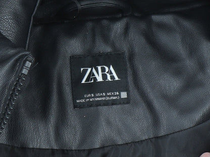 ZARA Women's Black Faux Leather Puffer Hooded Waistcoat Size S