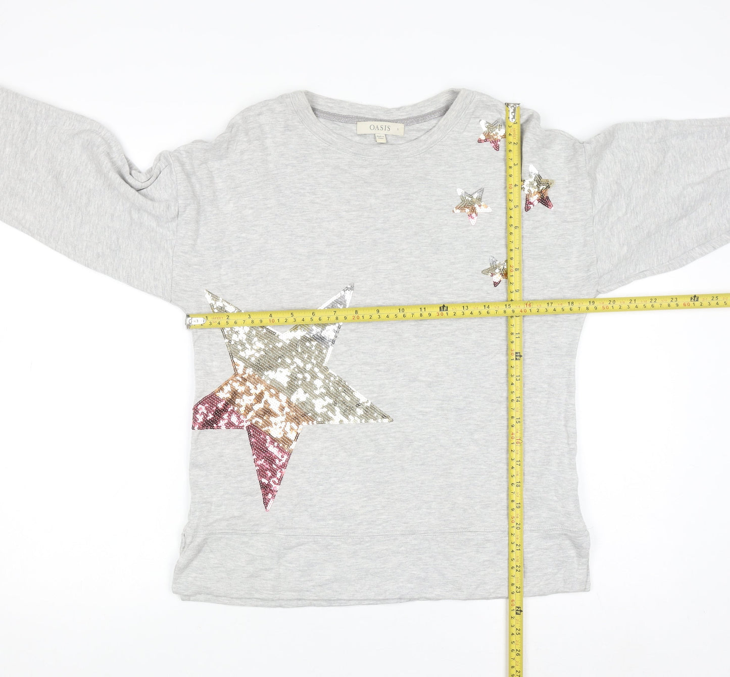 Oasis Womens Grey Sequin Star Long Sleeve Pullover Sweatshirt Size S