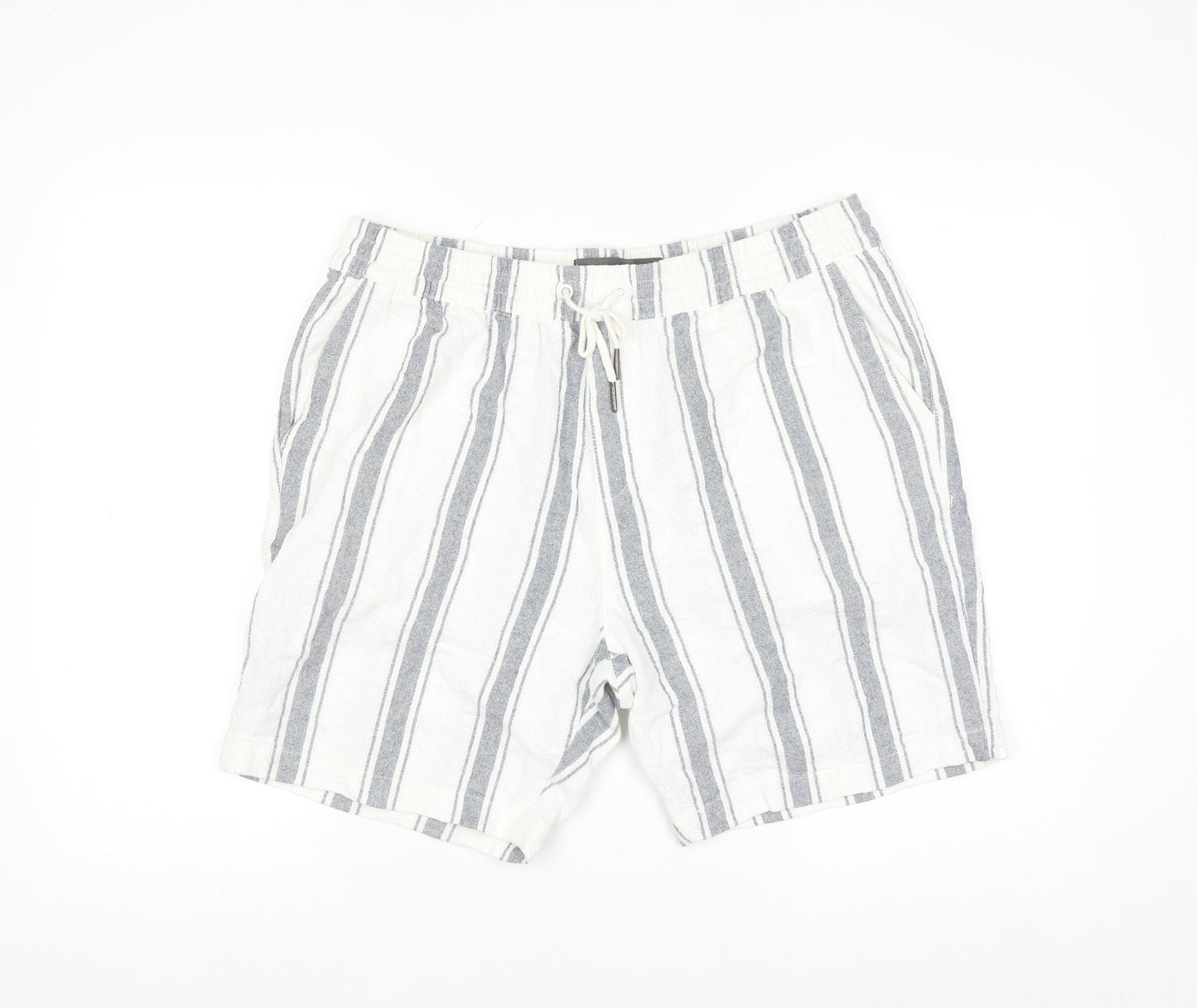 Next Men's White Striped Chino Shorts L Casual Drawstring Cotton
