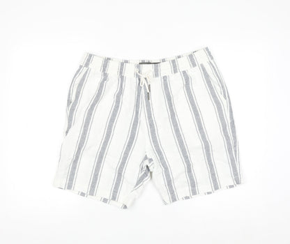 Next Men's White Striped Chino Shorts L Casual Drawstring Cotton