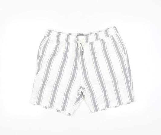 Next Men's White Striped Chino Shorts L Casual Drawstring Cotton