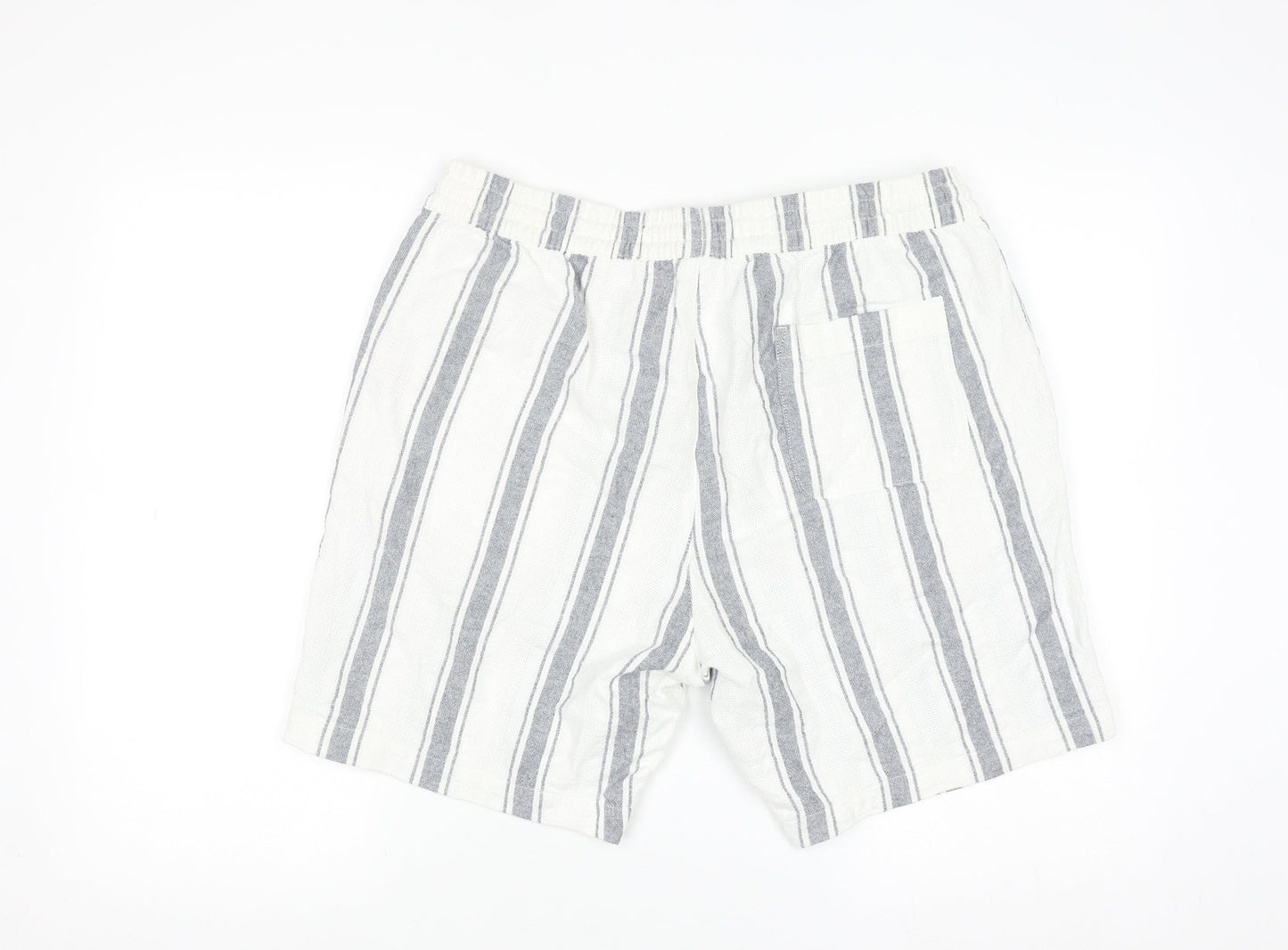 Next Men's White Striped Chino Shorts L Casual Drawstring Cotton