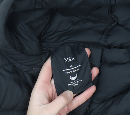 Marks and Spencer Womens Black Long Puffer Coat Size 12 Hooded Down