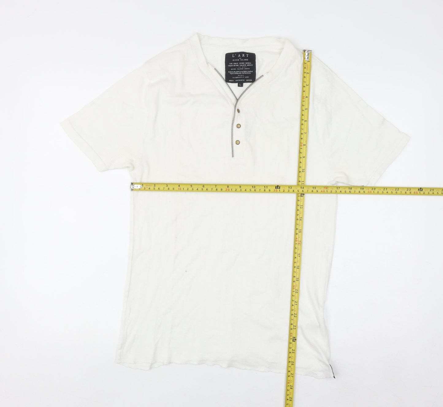 River Island Men's White Cotton Henley T-Shirt Size L