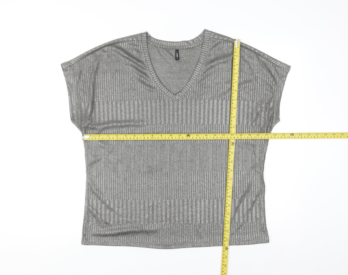 ONLY Womens Grey Knit V-Neck Short Sleeve Top Size M