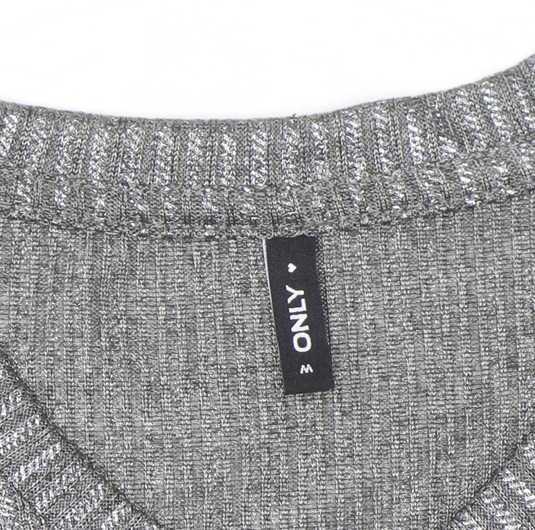 ONLY Womens Grey Knit V-Neck Short Sleeve Top Size M