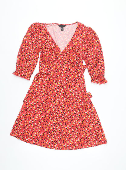 New Look Women's Red Floral Wrap Dress Size 6 Puff Sleeve