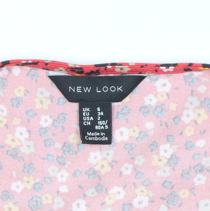 New Look Women's Red Floral Wrap Dress Size 6 Puff Sleeve