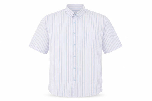 Front view of Dunnes Men's Blue Striped Slim Fit Short Sleeve Button-Up Shirt XL