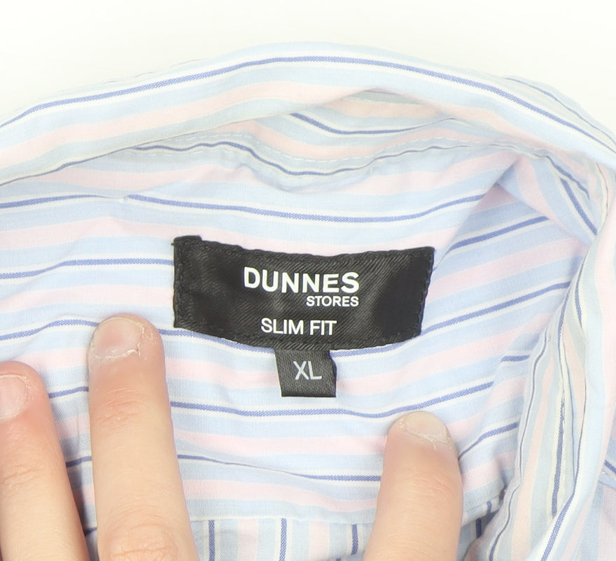 Dunnes Stores Men's Blue Striped Slim Fit Short Sleeve Button-Up Shirt XL