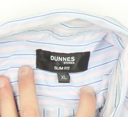 Dunnes Stores Men's Blue Striped Slim Fit Short Sleeve Button-Up Shirt XL