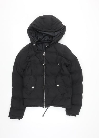 Boohoo Womens Black Hooded Puffer Jacket Size 8 Quilted Zip Up