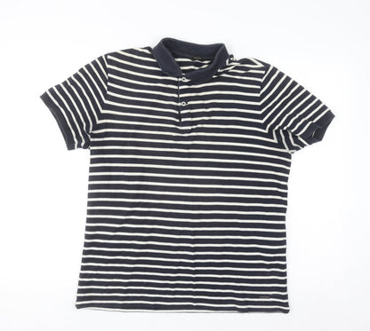 Massimo Dutti Men's Blue Striped Cotton Polo Shirt Size M