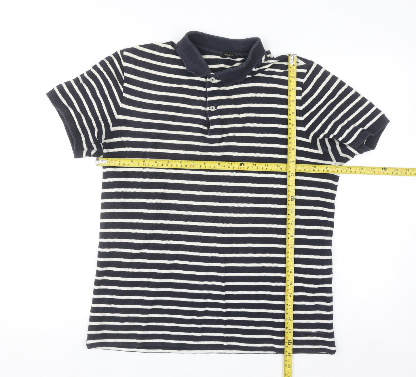 Massimo Dutti Men's Blue Striped Cotton Polo Shirt Size M