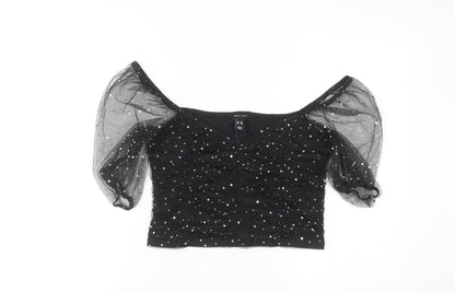 New Look Women Black Sequin Mesh Puff Sleeve Cropped Blouse Size 14