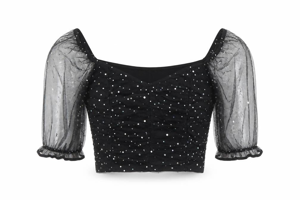 New Look Women Black Sequin Mesh Puff Sleeve Cropped Blouse Size 14