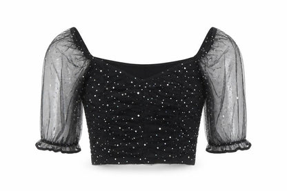New Look Women Black Sequin Mesh Puff Sleeve Cropped Blouse Size 14