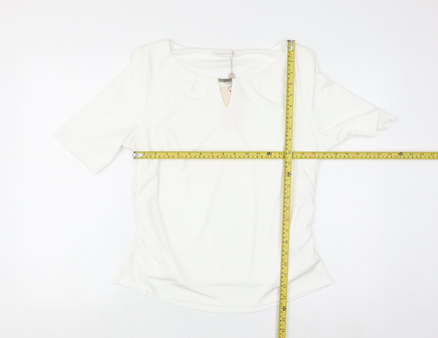 Jacques Vert Women's White Short Sleeve Keyhole Blouse L