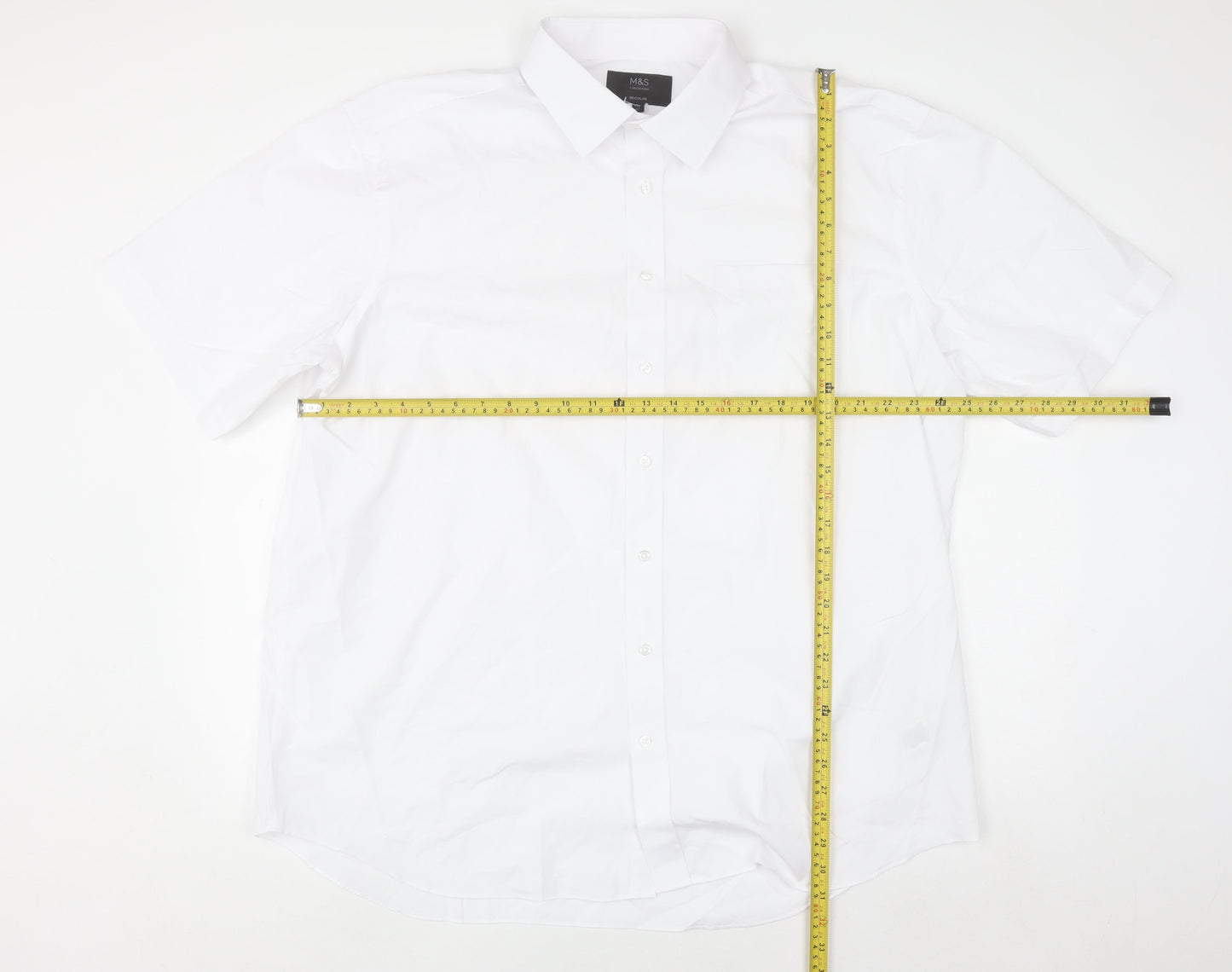 Marks and Spencer Men's White Regular Fit Short Sleeve Button-Up Shirt Size 18.5