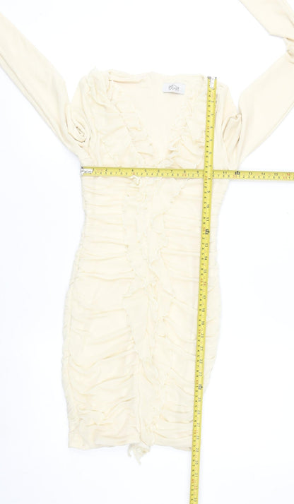 Oh Polly Women Beige Bodycon Ruched Ruffle Short Dress UK 6