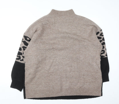 Yours Women Beige Black Animal Print Mock Neck Long Sleeve Jumper Size 18-20