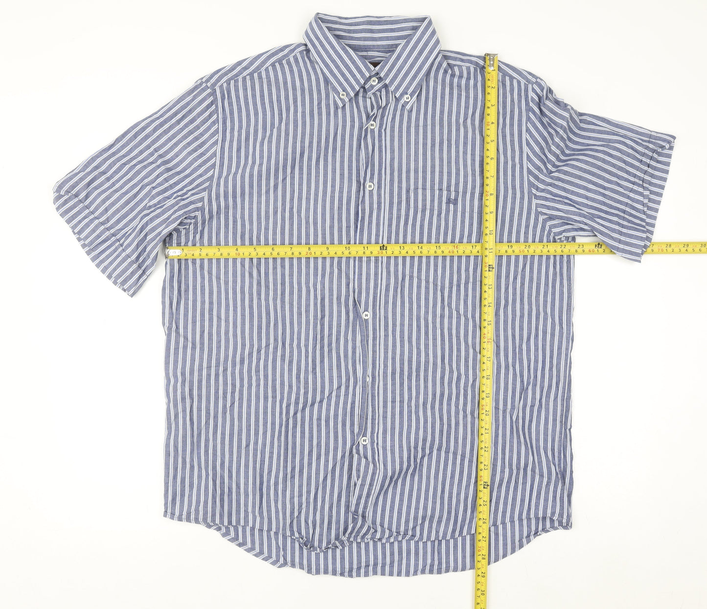 Sea Barrier Men's Blue Striped Linen Cotton Classic Short Sleeve Shirt L