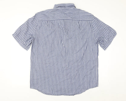 Sea Barrier Men's Blue Striped Linen Cotton Classic Short Sleeve Shirt L
