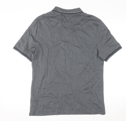 Marks and Spencer Men's Grey Striped Cotton Polo Shirt M