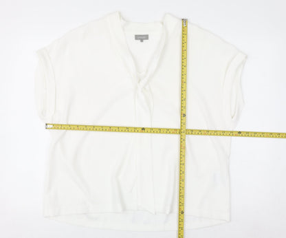 Jaeger Women's White Short Sleeve Tie Neck Blouse UK 18