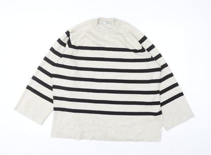 Object Women’s Beige Striped Knit Jumper L Long Sleeve Crew Neck