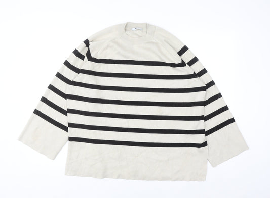 Object Women’s Beige Striped Knit Jumper L Long Sleeve Crew Neck