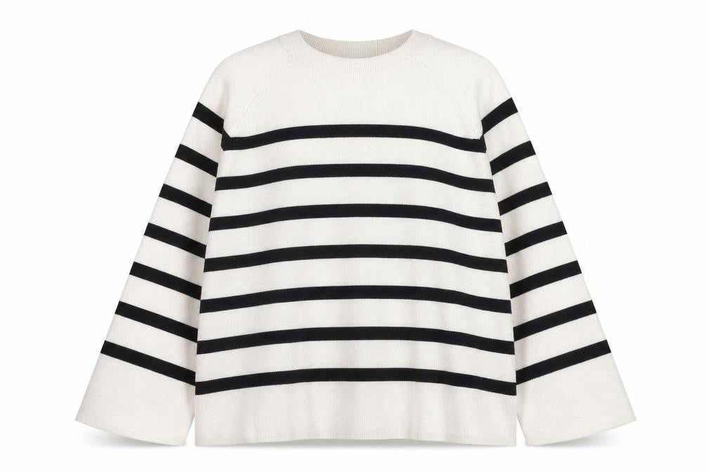 Object Women’s Beige Striped Knit Jumper L Long Sleeve Crew Neck