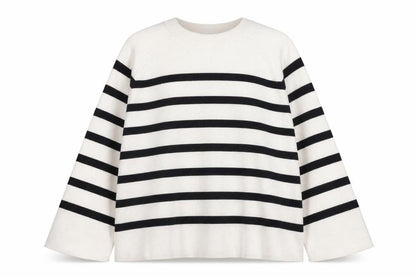 Object Women’s Beige Striped Knit Jumper L Long Sleeve Crew Neck