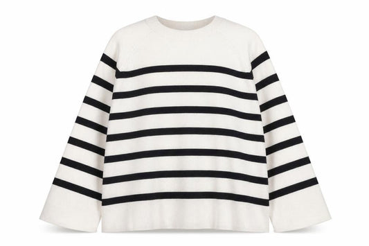 Object Women’s Beige Striped Knit Jumper L Long Sleeve Crew Neck