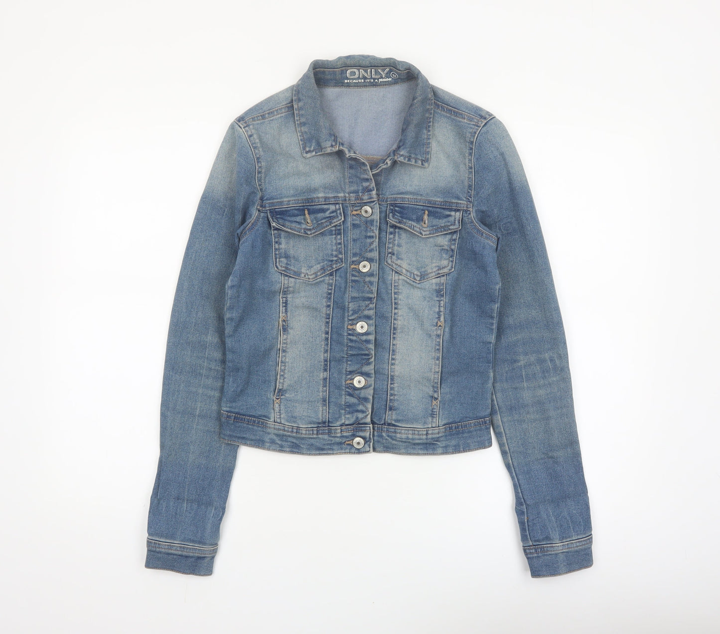 ONLY Womens Blue Denim Cropped Jacket Size 6 Casual Classic Style