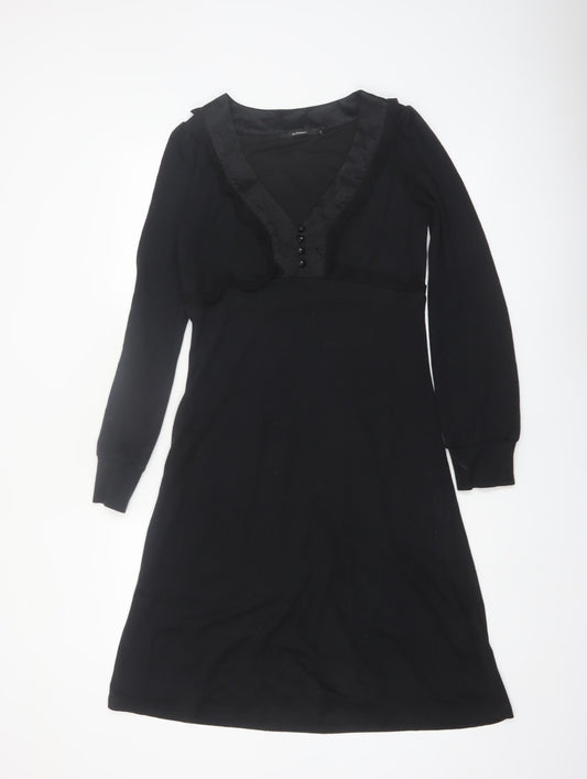 InWear Women's Black V-Neck Long Sleeve Knee Length A-Line Dress S