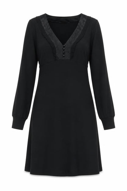 InWear Women's Black V-Neck Long Sleeve Knee Length A-Line Dress S