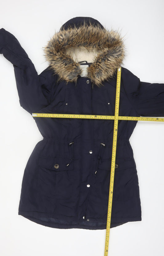 Denim Co Women Blue Faux Fur Trim Hooded Parka Coat Size 14