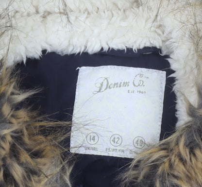 Denim Co Women Blue Faux Fur Trim Hooded Parka Coat Size 14